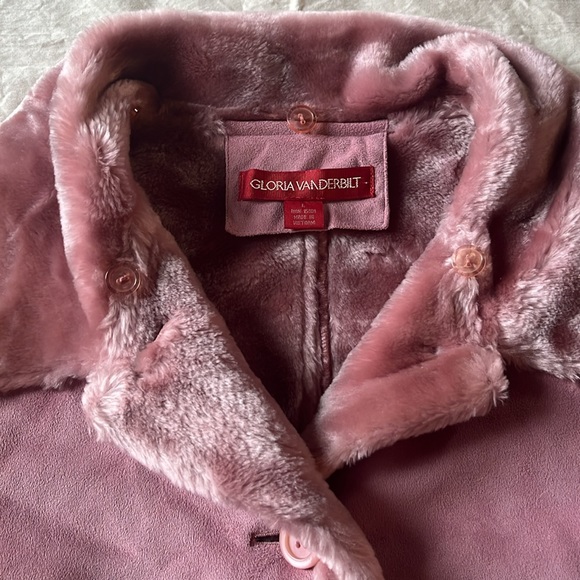 Vintage Gloria Vanderbilt plush faux suede coat hooded rose large - Picture 3 of 13
